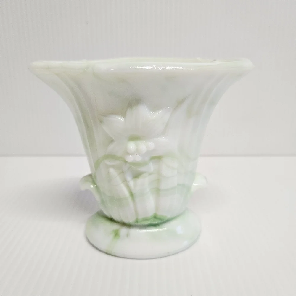Vintage Small AKRO Agate Lily Vase Pale to Darker Green Slag Depression Glass